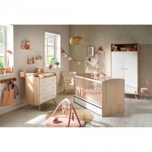 Chambre trio lit bébé 70x140 + armoire + commode access bois blanc + plan à langer offert Sauthon meubles