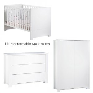 Chambre trio lit + commode + armoire loft blanc + plan à langer offert Sauthon meubles