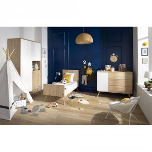 Chambre bébé duo lit 70x140 + commode seventies bois Sauthon meubles