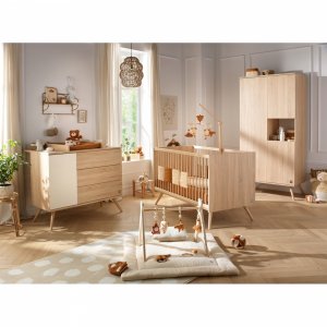 Chambre bébé trio lit 70x140cm bois + commode + armoire vanille seventies Sauthon meubles