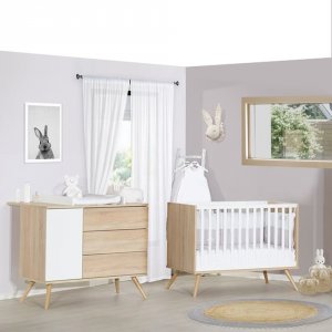 Chambre bébé duo lit 60x120cm + commode seventies blanc et bois Sauthon meubles
