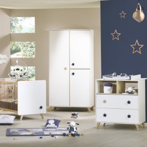 Chambre bébé trio lit + commode + armoire oslo bouton étoile + plan à langer offert Sauthon meubles