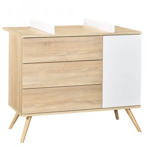 Commode 3 tiroirs blanc et bois seventies Sauthon meubles