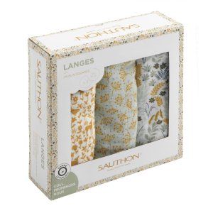 Lot de 3 langes coton bio 70 x 70 promenons nous Sauthon baby deco