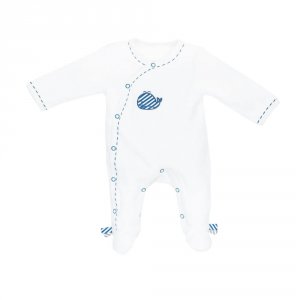 Pyjama bébé velours blanc 3 mois ouverture côté blue baleine Sauthon baby deco