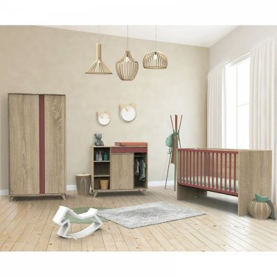 Chambre trio lit évolutif bébé combiné 70x140 cm en 140x200 cm + armoire + commode nova rose canyon