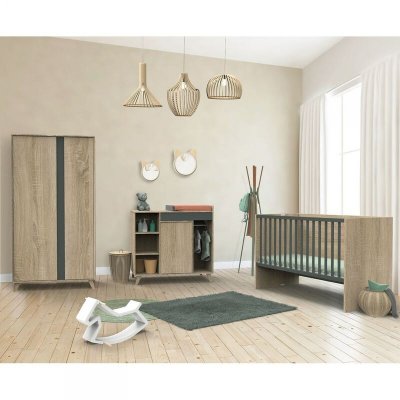 Chambre trio lit évolutif bébé combiné 70x140 cm en 140x200 cm + armoire + commode nova gris volcan