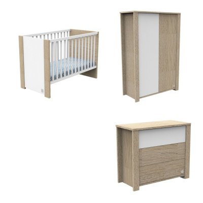 Chambre bébé trio lit 60x120cm+commode+armoire antonin bois et blanc
