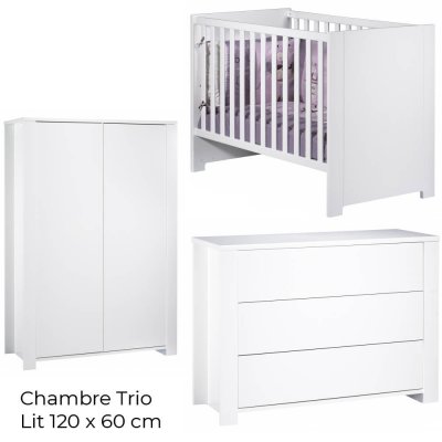 Chambre trio lit 60x120 + commode + armoire loft blanc