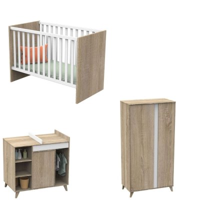 Chambre bébé trio lit bébé 60x120 + commode+armoire nova blanc lin