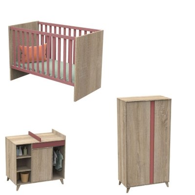 Chambre bébé trio lit bébé 60x120 + commode+armoire nova rose canyon