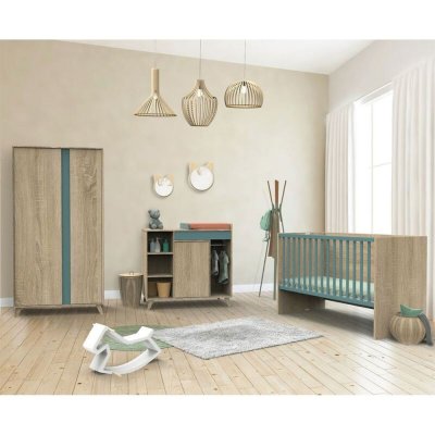 Chambre trio lit combiné évolutif70x140en140x190+commode+armoire nova argile douce