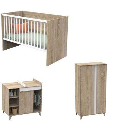 Chambre trio lit combiné évolutif 70x140en140x190 + commode + armoire nova blanc lin