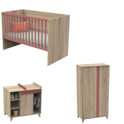 Chambre trio lit combiné évolutif 70x140 en 140x190 + commode + armoire nova rose canyon