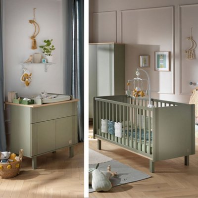 Chambre duo lit évolutif bébé 70x140 cm + commode 1 tiroir 2 portes eleonore kaki