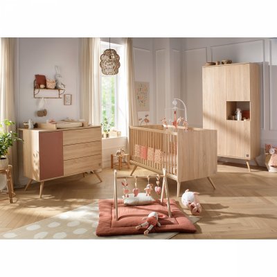 Chambre bébé duo lit 70x140cm bois + commode terracotta seventies