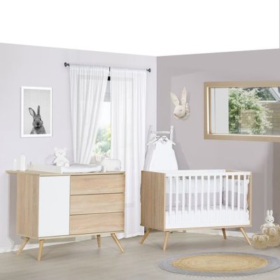 Chambre bébé duo lit 60x120cm + commode seventies blanc et bois