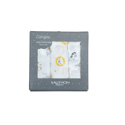 SAUTHON BABY DECO Lot de 3 langes bio 70x70cm pluche et pompon