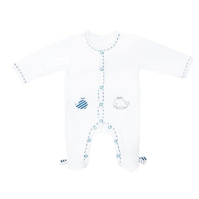 Pyjama bébé velours blanc blue baleine naissance ouverture devant