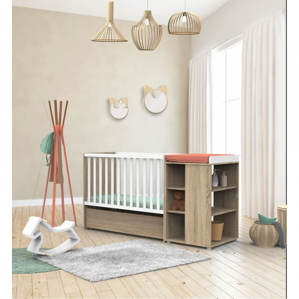 Lit évolutif bébé combiné 60x120 cm en 90x190 cm + tiroir de lit nova blanc lin Sauthon meubles