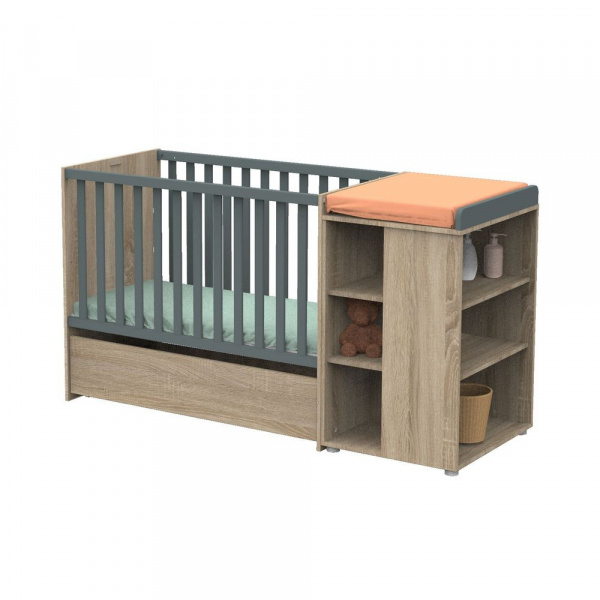 Lit évolutif bébé combiné 60x120 cm en 90x190 cm + tiroir de lit nova gris volcan Sauthon meubles