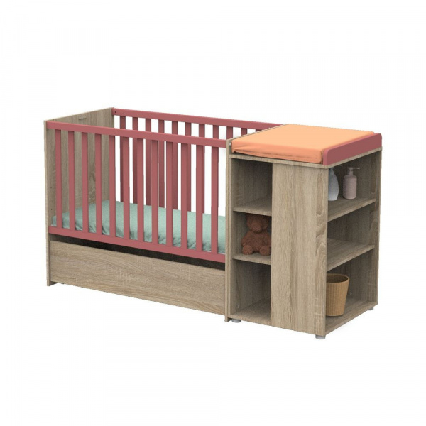 Lit évolutif bébé combiné 60x120 cm en 90x190 cm + tiroir de lit nova rose canyon Sauthon meubles
