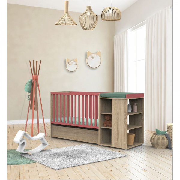 Lit évolutif bébé combiné 60x120 cm en 90x190 cm + tiroir de lit nova rose canyon Sauthon meubles