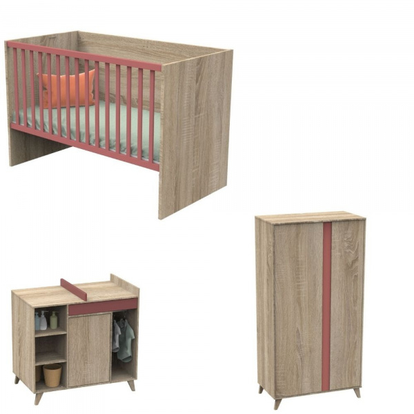 Chambre trio lit évolutif bébé combiné 70x140 cm en 140x200 cm + armoire + commode nova rose canyon Sauthon meubles