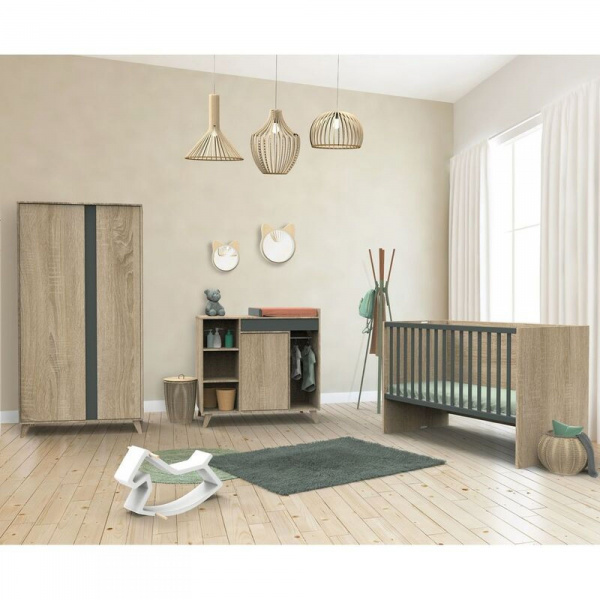 Chambre trio lit évolutif bébé combiné 70x140 cm en 140x200 cm + armoire + commode nova gris volcan Sauthon meubles