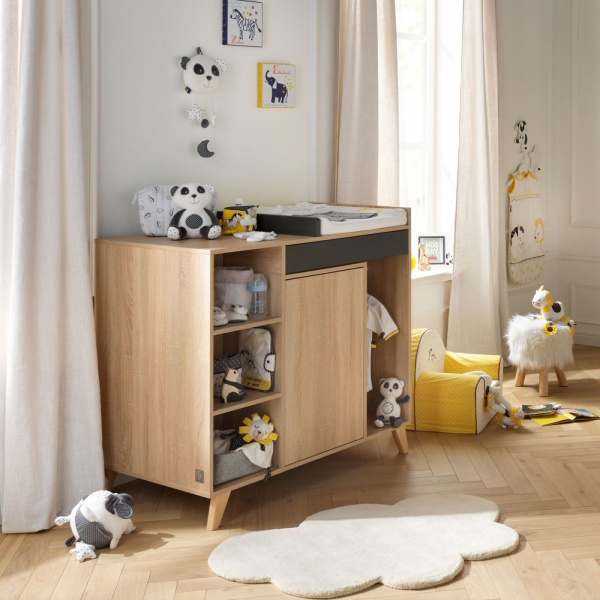 Chambre trio lit évolutif bébé combiné 70x140 cm en 140x200 cm + armoire + commode nova gris volcan Sauthon meubles