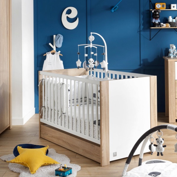 Chambre bébé duo lit + commode antonin bois et blanc + plan à langer offert Sauthon meubles