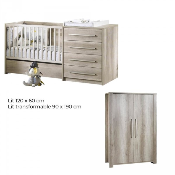 Chambre bébé duo lit combiné évolutif + armoire emmy de