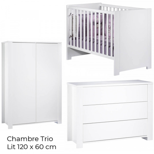 Chambre trio lit 60x120 + commode + armoire loft blanc + plan à langer offert Sauthon meubles