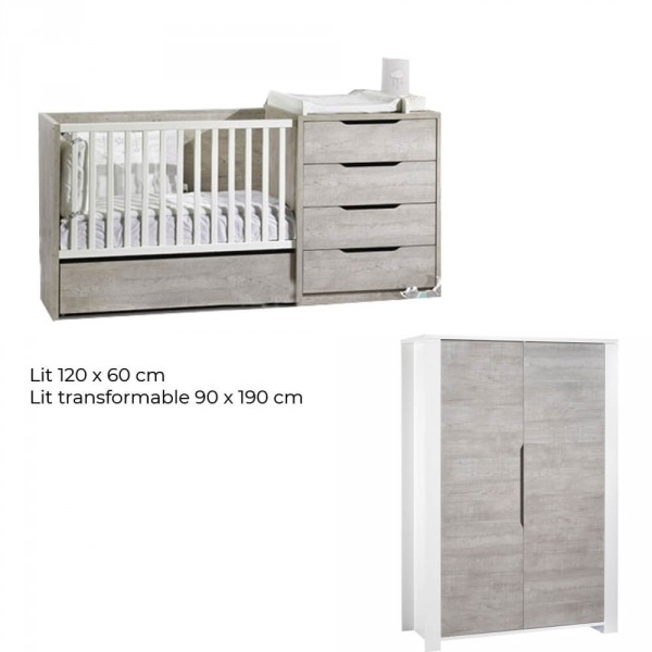 Chambre duo lit combiné évolutif + armoire loft bois Sauthon meubles