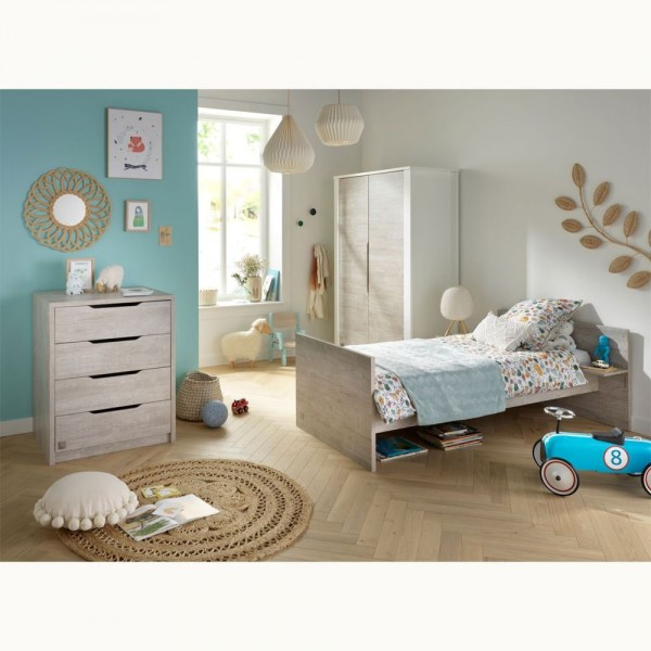 Chambre duo lit combiné évolutif + armoire loft bois Sauthon meubles