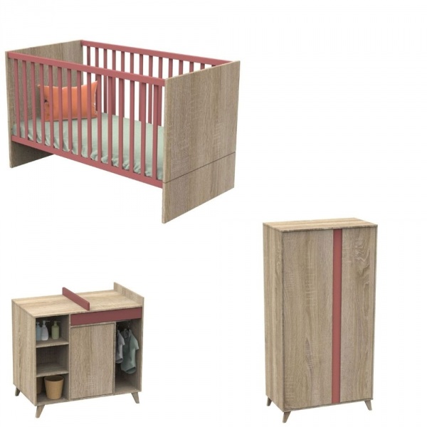 Chambre trio lit 70x140 + commode + armoire nova rose canyon Sauthon meubles