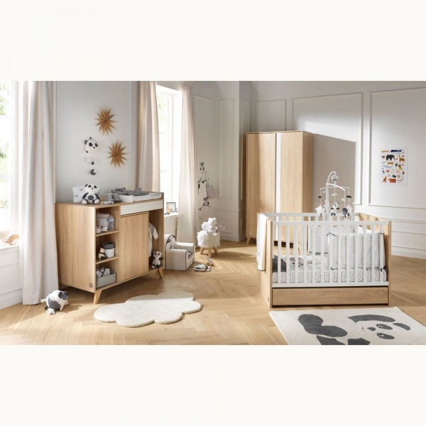 Chambre bébé trio lit bébé 60x120 + commode+armoire nova blanc lin Sauthon meubles