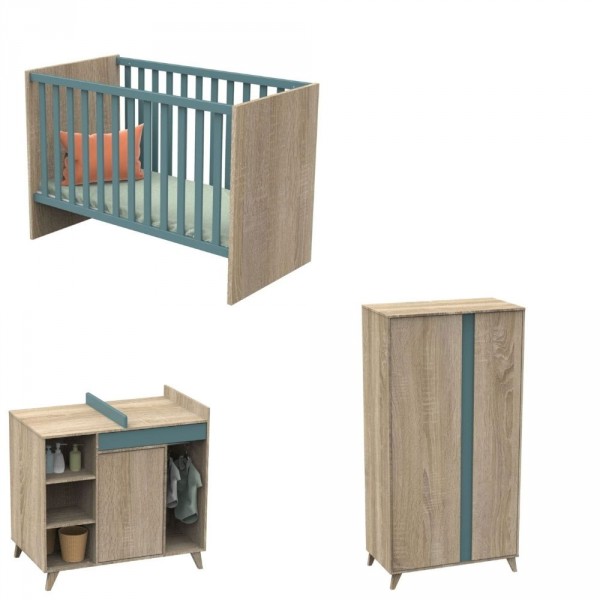 Chambre bébé trio lit bébé 60x120 + commode+armoire nova argile douce Sauthon meubles