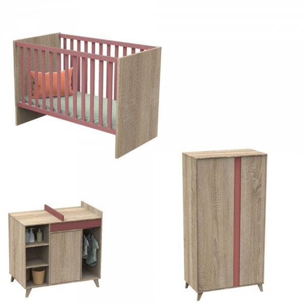 Chambre bébé trio lit bébé 60x120 + commode+armoire nova rose canyon Sauthon meubles