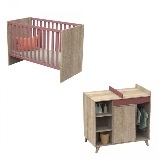 Chambre bébé duo lit bébé 60x120 + commode nova rose canyon Sauthon meubles