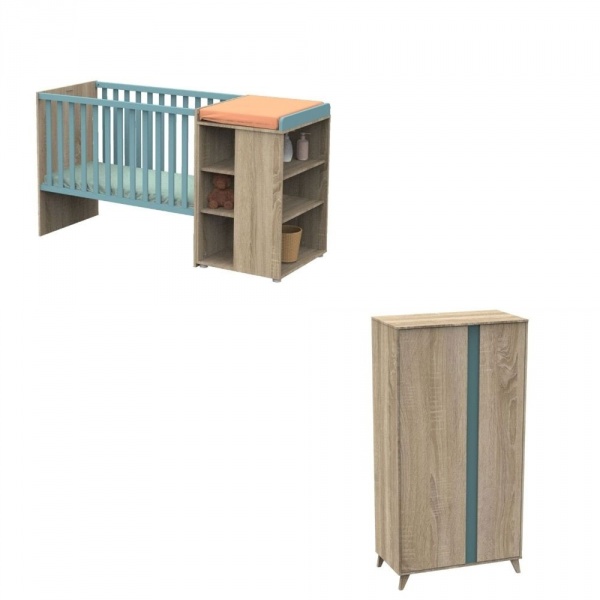 Chambre duo lit combiné évolutif 60x120 + armoire nova argile douce Sauthon meubles