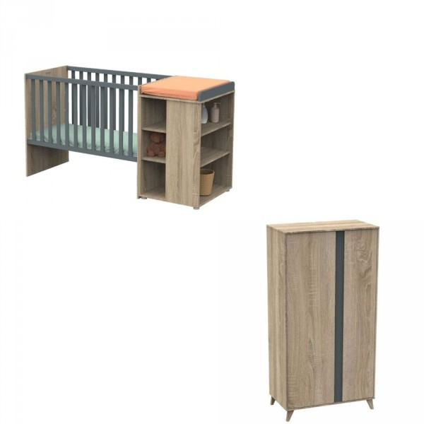 Chambre duo lit combiné évolutif 60x120 + armoire nova gris volcan Sauthon meubles