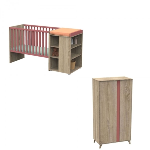 Chambre duo lit combiné évolutif 60x120 + armoire nova rose canyon Sauthon meubles