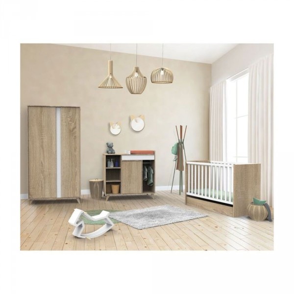 Chambre trio lit combiné évolutif 70x140en140x190 + commode + armoire nova blanc lin Sauthon meubles