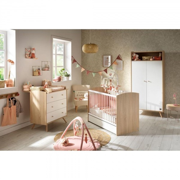 Chambre trio lit bébé 60x120 cm + commode 3 tiroirs + armoire access bois blanc + plan à langer offert Sauthon meubles