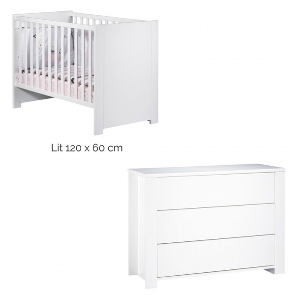 Chambre duo lit 60x120 + commode loft blanc + plan à langer offert Sauthon meubles