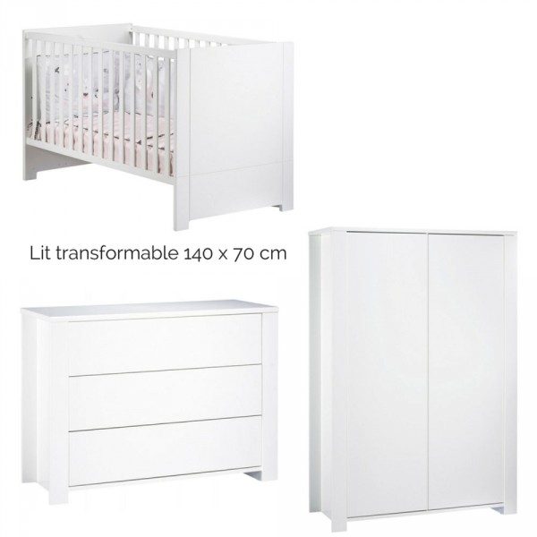 Chambre trio lit + commode + armoire loft blanc + plan à langer offert Sauthon meubles