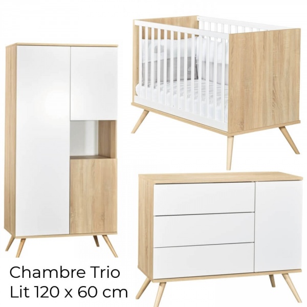 Chambre bébé trio lit 60x120cm + commode + armoire seventies blanc de