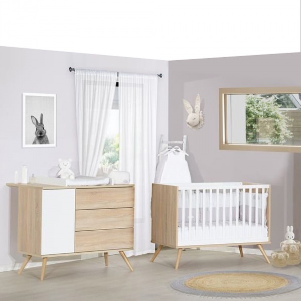 Chambre bébé duo lit 60x120cm + commode seventies blanc et bois Sauthon meubles