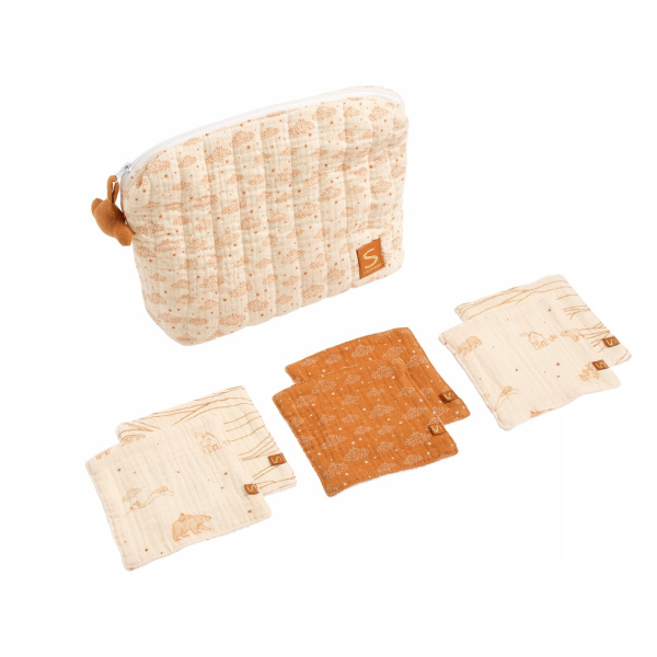 Trousse de toilette bébé avec carrés éponge orsino Sauthon baby deco